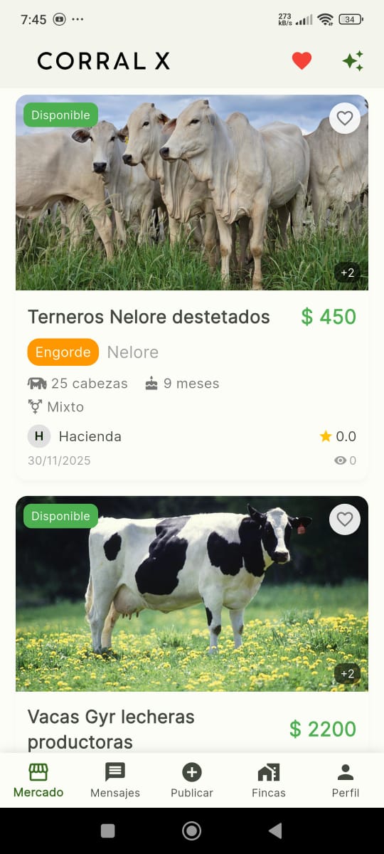 Captura de pantalla de la app Corral X mostrando el marketplace ganadero con listado de ganado bovino, bufalino, equino y porcino disponible en Venezuela